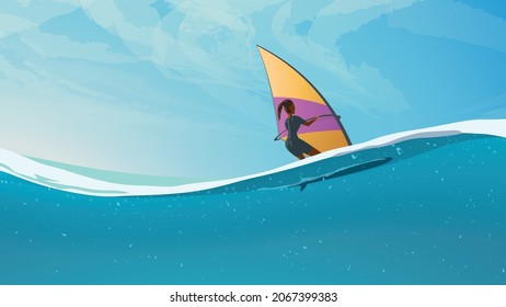 Frau, die auf dem Windsurfbrett auf der Wasserlinie fährt