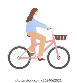 Woman riding pink bicycle in cartoon style on white background isolated