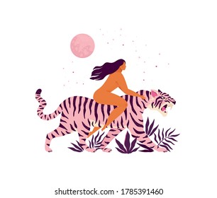 Woman riding a pink tiger. Love yourself card.