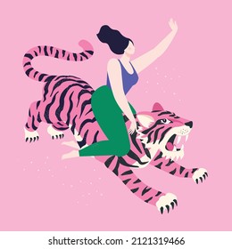 Woman riding a pink tiger. Love yourself card.