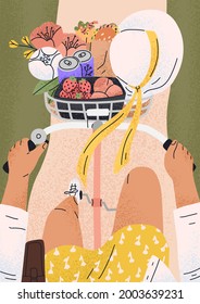 Woman riding retro bicycle on summer holidays. Top view of cyclist with hands on bike handlebars and legs on pedals. Summertime cycling with basket, flower and fruit. Colored flat vector illustration.