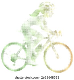 A woman riding a road bike in halftone retro modern with cartoon style