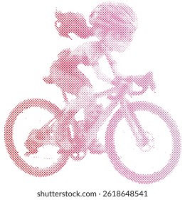 A woman riding a road bike in halftone retro modern with cartoon style