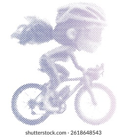 A woman riding a road bike in halftone retro modern with cartoon style
