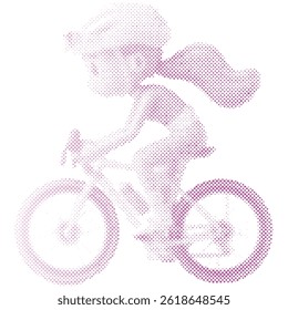 A woman riding a road bike in halftone retro modern with cartoon style