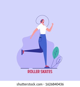 Woman riding roller skates listening music in headphones. Concept of eco or environment frendliy transport, active and urban lifestyle, alternative transportation. Vector illistration in flat design
