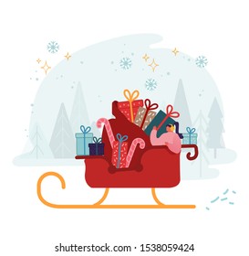 Woman Riding in Santa Claus Sleigh with Huge Sack Full of Gifts and Sweets. Winter Season Holidays Celebration, Christmas Eve and New Year Greetings. Wintertime Fun Cartoon Flat Vector Illustration