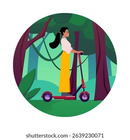 Woman riding scooter against forest background. Round isolated frame. Lifestyle. Eco transport. Mobile travel. Technology. Flat style. Sticker, emblem. Vector illustration. Icon.