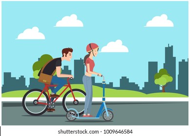 woman riding a scooter with boyfriend in the park, vector illustration