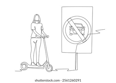 Woman riding a scooter in a car free zone. Car free zones concept one-line drawing