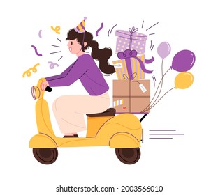 Woman Riding A Scooter And Delivering Gifts. Holiday Celebration, Event Gift Concept Vector Illustration.