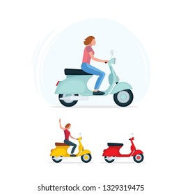 Woman riding scooter. Girl on vintage scooter. Scooter riding icons set.