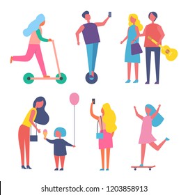 Woman riding scooter isolated icons set. Male taking photos and videos on camera. Dating couple man carrying guitar. Family mother and kid vector