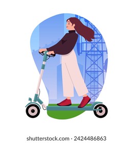 Woman riding a scooter on city backdrop, flat vector illustration isolated on white background. Riding a scooter, pushing off with feet, sports and recreational activity.