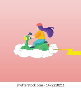 Woman riding a scooter on a cloud. Cartoon character. vector illustration.