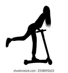 woman riding scooter silhouette black on white background, vector