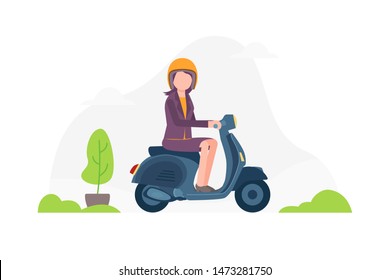 Woman Riding Scooter, vector flat illustration