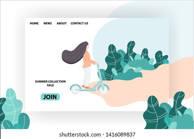 Woman riding a scooter webpage tourism design. Horizontal copyspace several objects. 