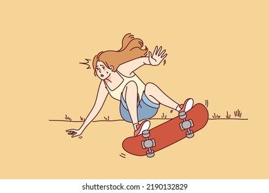 Woman riding skate falling outside. Girl have fun starting on street falling from sport equipment. Vector illustration. 