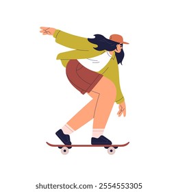 Woman riding skateboard. Girl on skate board. Happy young female skater enjoying active street sport on longboard. Modern outdoor activity. Flat vector illustration isolated on white background