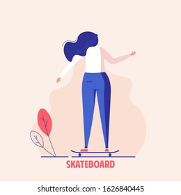 Woman riding skateboard listening music in headphones. Concept of eco or environment friendly transport, active and urban lifestyle, alternative transportation. Vector illustration in flat design