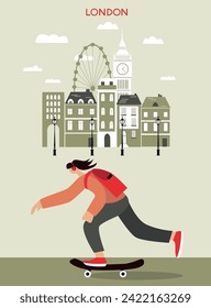 Woman riding skateboard in London city, Vector illustration svg
