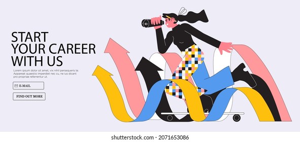 Woman riding skateboard and look in binocular searching job or inspiration. Career or personal growth or choice. Educational process banner, ad, landing page or poster for web, startup or courses.  - Shutterstock ID 2071653086