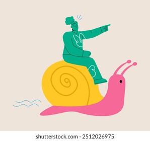 Mulher cavalgando caracol lento nunca atinge o objetivo. Gerenciamento ineficiente. Ilustração vetorial colorida
