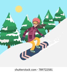 Woman riding snowboard on the hill with trees..