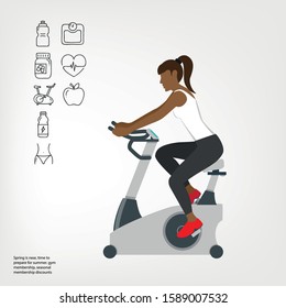 Woman riding a stationary bike at the gym. Sports girl doing exercise on a training cycle. Flat cartoon isolated vector illustration. Linear Fitness Icons.