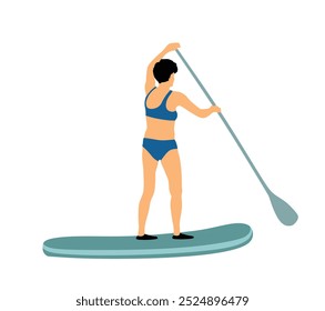 Frau reiten Tafel auf Wasser, Vektorgrafik einzeln. Badeanzug Dame Surfer Erholung im Freien. Bikini Sport Mädchen stehen mit Paddel an Bord Meer Sommer genießen . Aktive weibliche Erholung. 