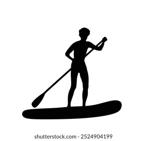 Frau reiten sup Board auf Wasser Vektor Silhouette Illustration einzeln. Badeanzug Dame Surfer Erholung im Freien. Bikini Sport Mädchen mit Paddel an Bord Form stehen. Aktive weibliche Erholung. 