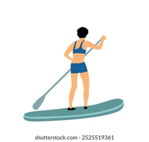 Frau reiten Tafel auf Wasser, Vektorgrafik einzeln. Badeanzug Dame Surfer Erholung im Freien. Bikini Sport Mädchen stehen mit Paddel an Bord Meer Sommer genießen . Aktive weibliche Erholung. 