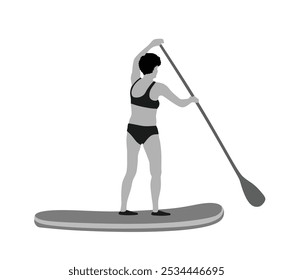 Woman riding sup board on water vector illustration isolated. Swim suit lady surfer recreation outdoor. Bikini sport girl standing with paddle on board sea summer enjoy . Active female recreation. 