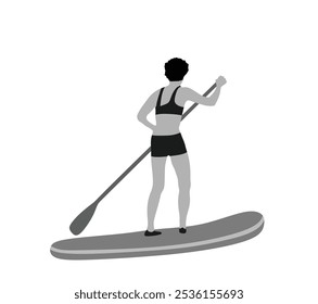 Woman riding sup board on water vector illustration isolated. Swim suit lady surfer recreation outdoor. Bikini sport girl standing with paddle on board sea summer enjoy . Active female recreation. 