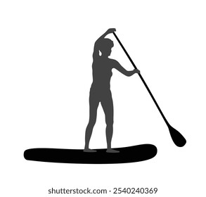 Woman riding sup board on water vector silhouette illustration isolated. Swim suit lady surfer recreation outdoor. Bikini sport girl standing with paddle on board shape. Active female recreation. 