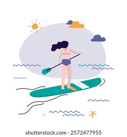 Woman riding sup board on water. Lady surfer in swimming suit outdoor recreation. Bikini sport girl standing with paddle on board, sea summer enjoy. Active female character rest. vector illustration