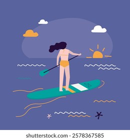 Woman riding sup board on water. Girl surfer outdoor recreation on sunset. Bikini sport lady standing with paddle on board, sea summer enjoy. Active female character rest. flat vector illustration