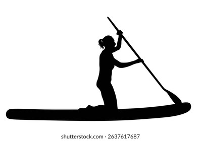 Woman riding sup board on water vector silhouette illustration isolated. Lady surfer recreation outdoor. Bikini sport girl on knees with paddle on board sea summer enjoy . Active female recreation. 