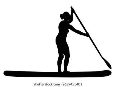 Woman riding sup board on water vector silhouette illustration isolated. Swim suit lady surfer recreation outdoor. Bikini sport girl standing with paddle on board shape. Active female recreation. 