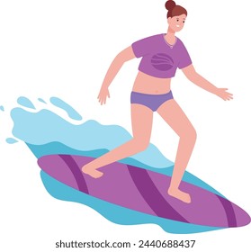 Woman riding surfing board on water waves. Active summer isolated on white background