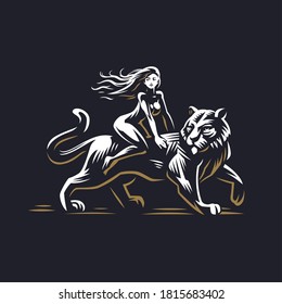 A woman is riding a tiger. Rider, the tiger is coming. The woman's hair flutters. Chinese calendar