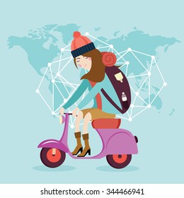 woman riding vespa bike travel around the world map bag 