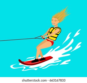 Woman riding wakeboard. extreme summer sport fun activity