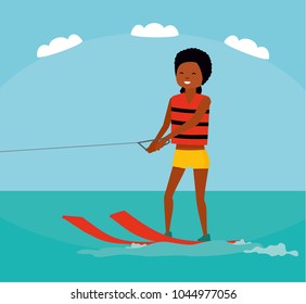 Woman riding waterski. Cartoon vector illustration. Sea tour. African american family. Flat cartoon illustration. Summer vacation