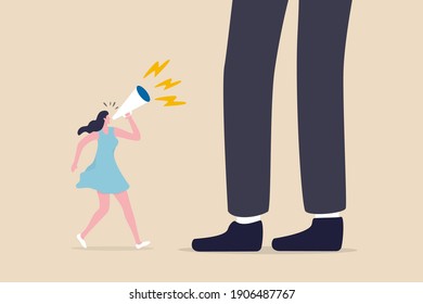 Woman Right, Feminism Speak Out For Gender Gap, Inequality In Work Or Female Leadership To Negotiate And Succeed In Life Concept, Beautiful Lady Businesswoman Speak Out Loud On Megaphone To Giant Man.