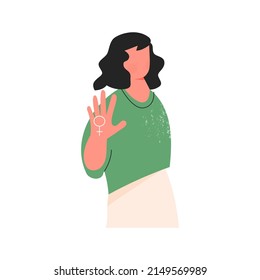 Woman right and power or protest against gender violence and harassment. Feminism concept. Strong girl show stop gesture. Female solidarity. Cartoon flat vector illustration isolated on white