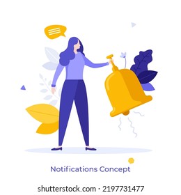 Woman ringing bell. Concept of website online notification signal, notifying or informing user about new message in web application. Modern colorful flat vector illustration for poster, banner.