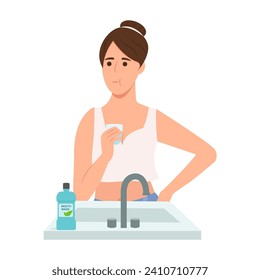 Woman rinsing and gargling her mouth.Girl using mouthwash for fresh breath. Dental health concepts. Vector illustration