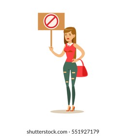 Woman In Ripped Jeans On Heels Marching In Protest With Banner, Screaming Angry, Protesting And Demanding Political Freedoms